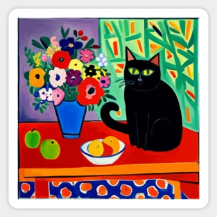 Cute Black Cat with Fruit and Flowers Still Life Painting Sticker